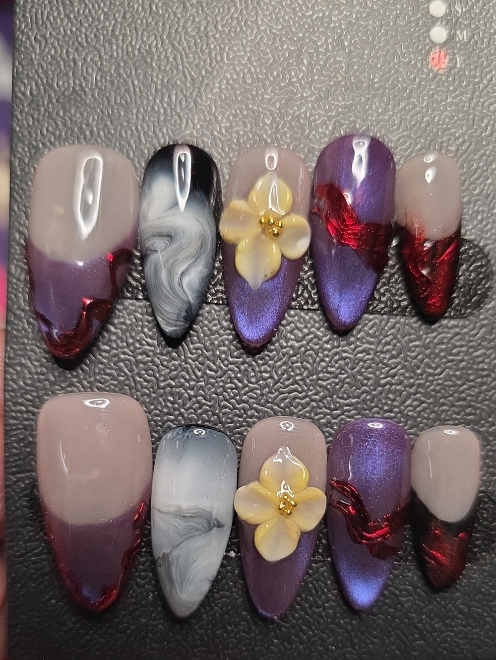 Purple Floral Acrylic Nail Set with Red Accent Tips Size Large